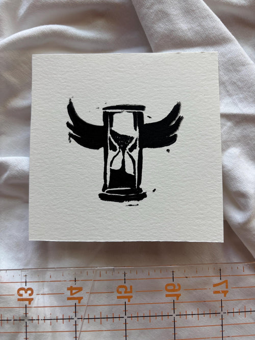 Hand carved death themed block prints - hourglass, skull, spider, bat, vulture, mushroom