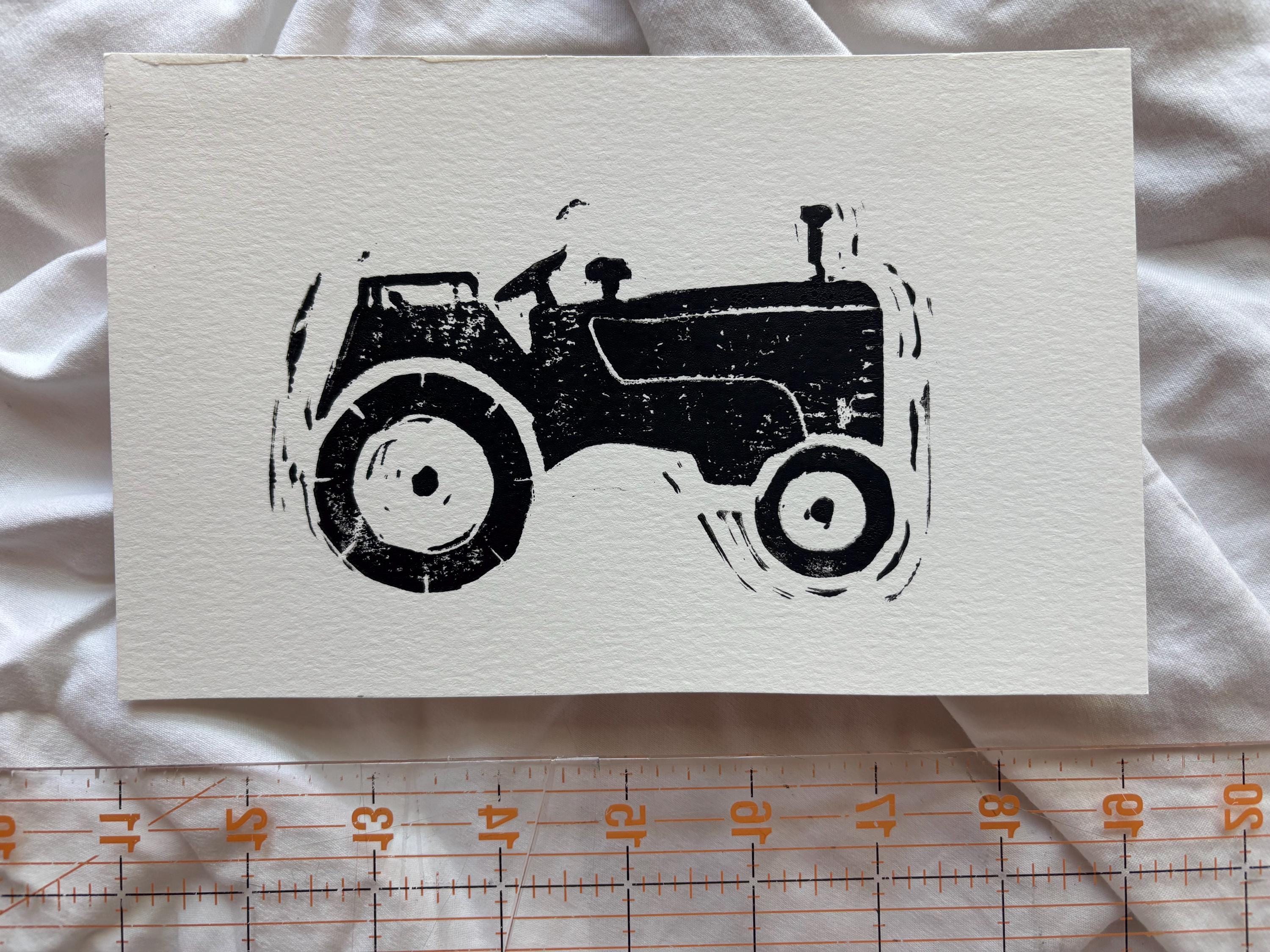 Hand carved farm block prints - tractor, chicken, vegetable / radish
