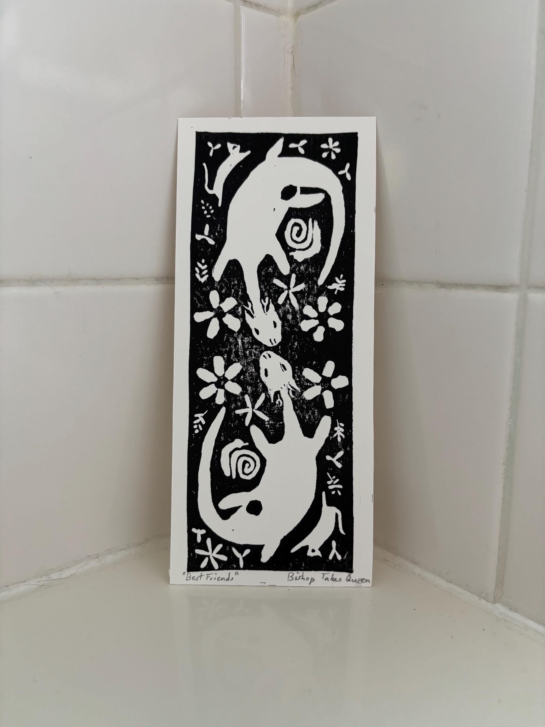 Handmade linocut block print bookmark - Fairy dragons, cats