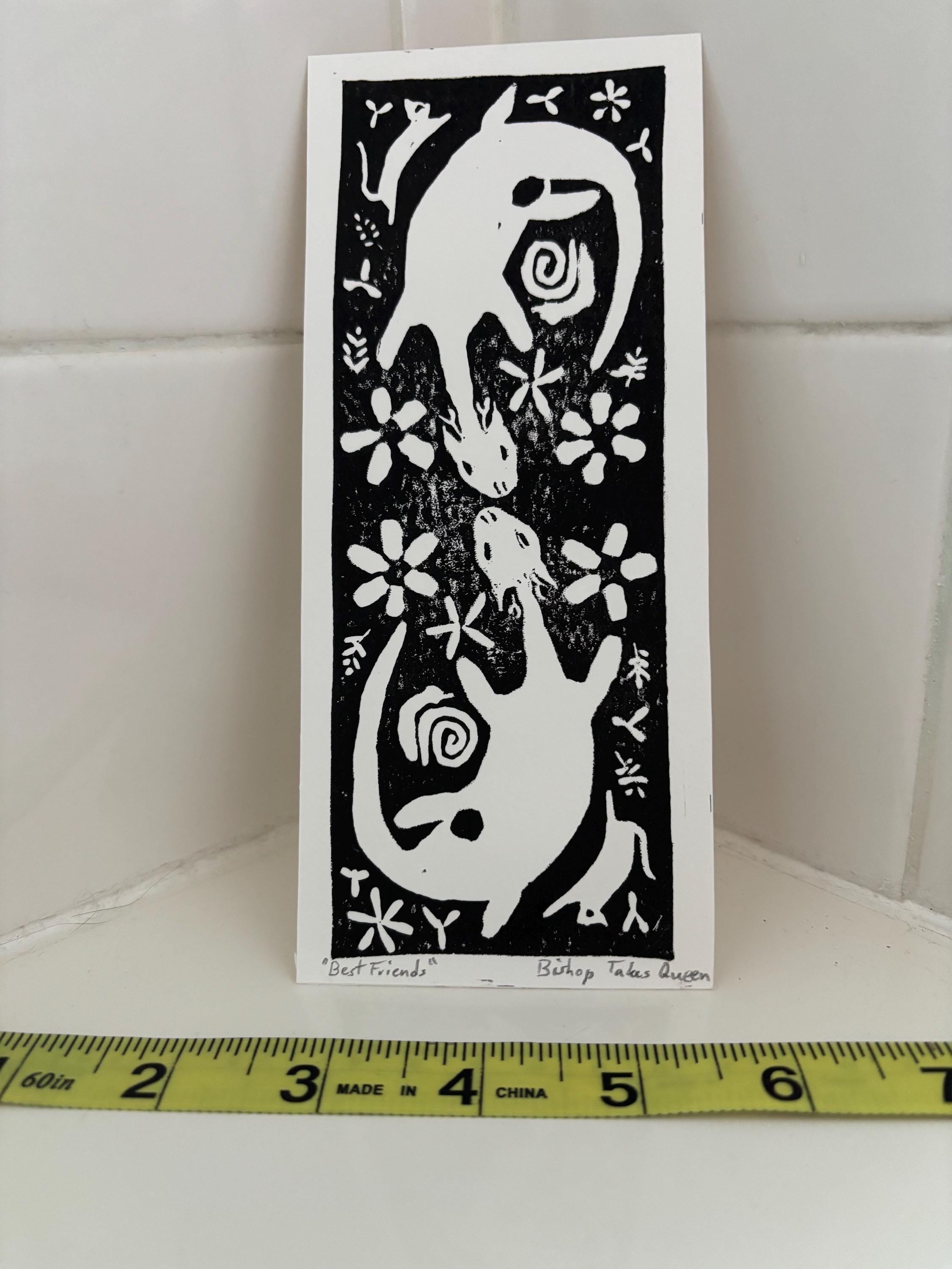 Handmade linocut block print bookmark - Fairy dragons, cats