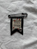 Handmade skull pronoun pin - customizable pronouns