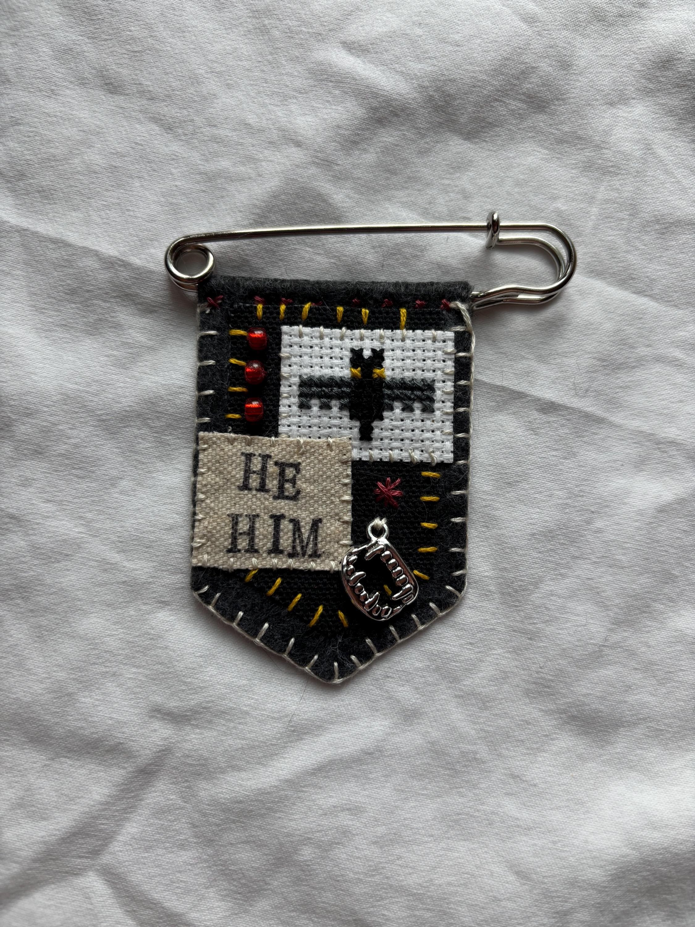 Handmade vampire bat pronoun pin - customizable pronouns