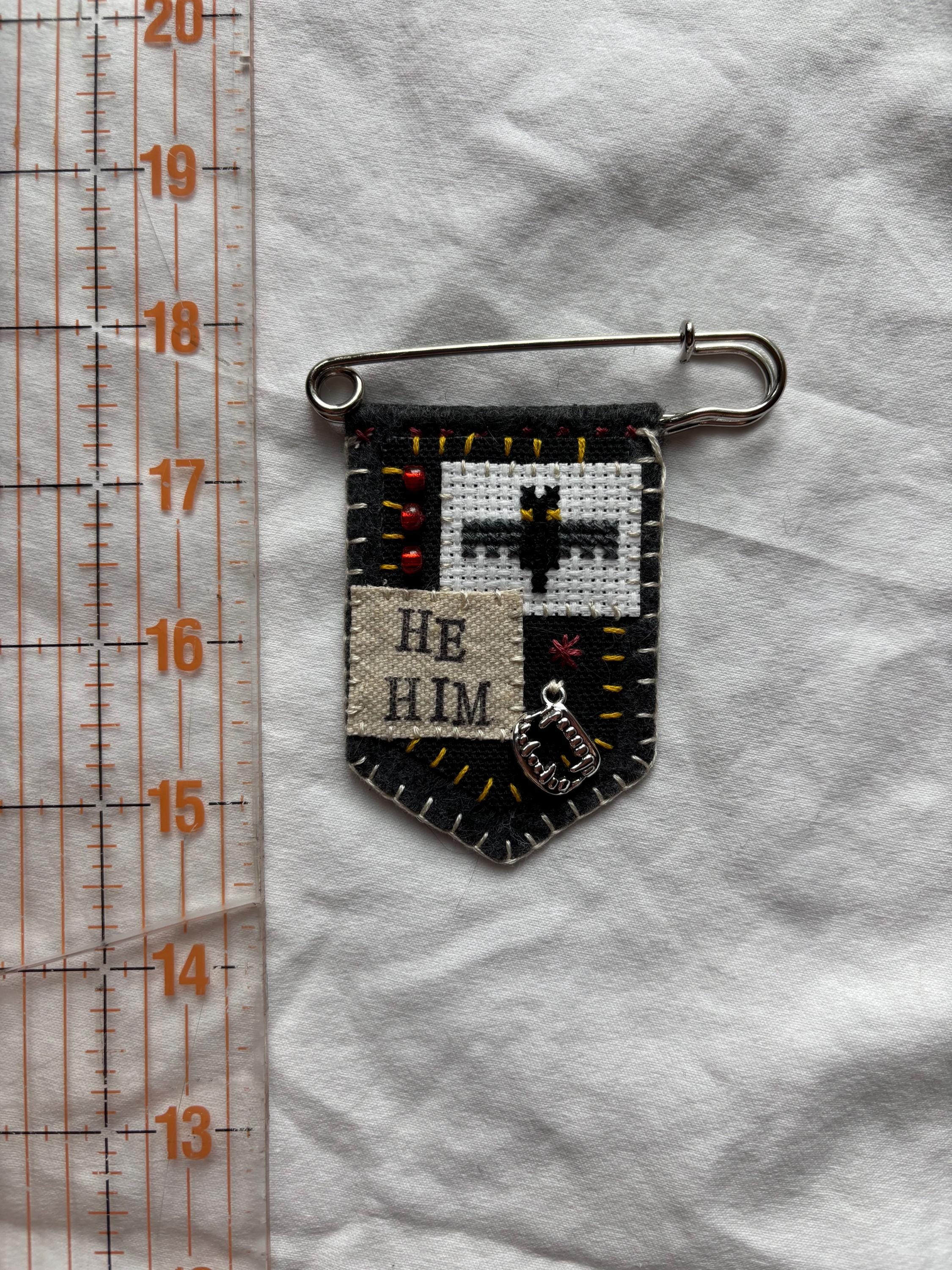 Handmade vampire bat pronoun pin - customizable pronouns