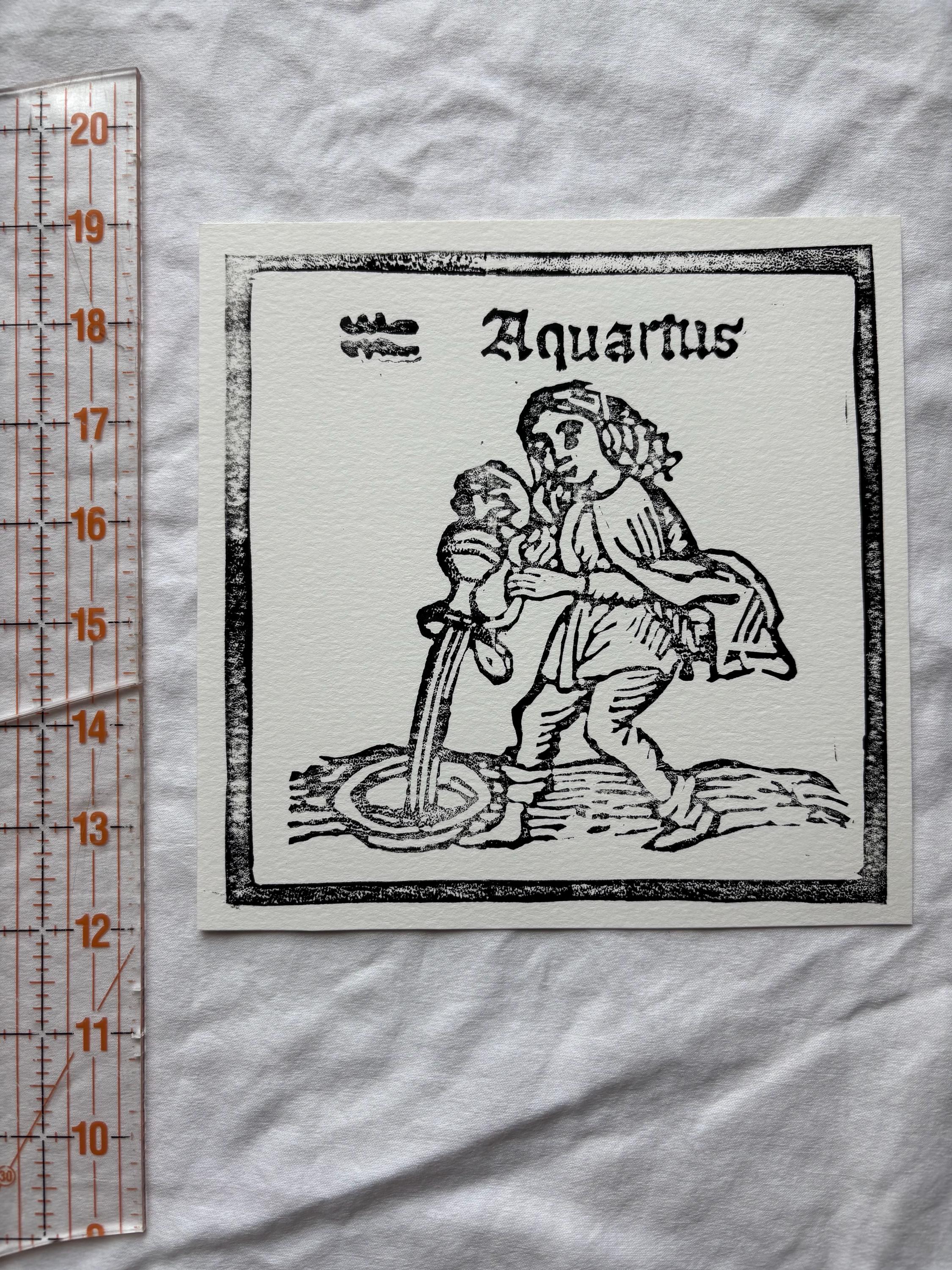 Aquarius hand carved block print