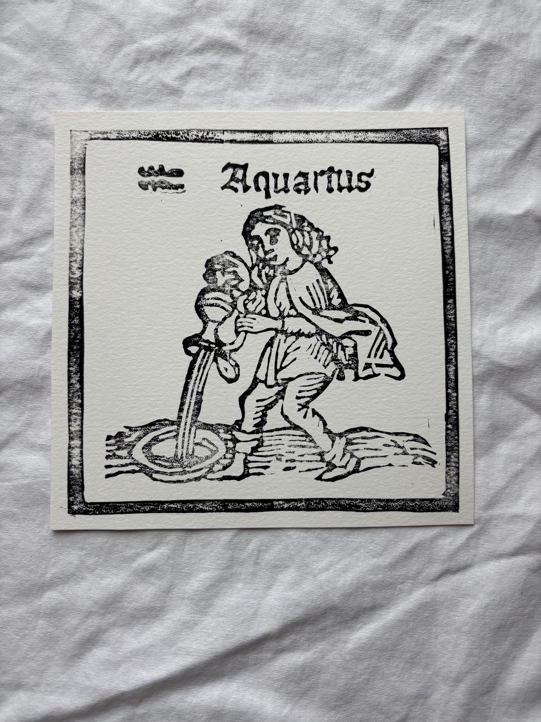 Aquarius hand carved block print