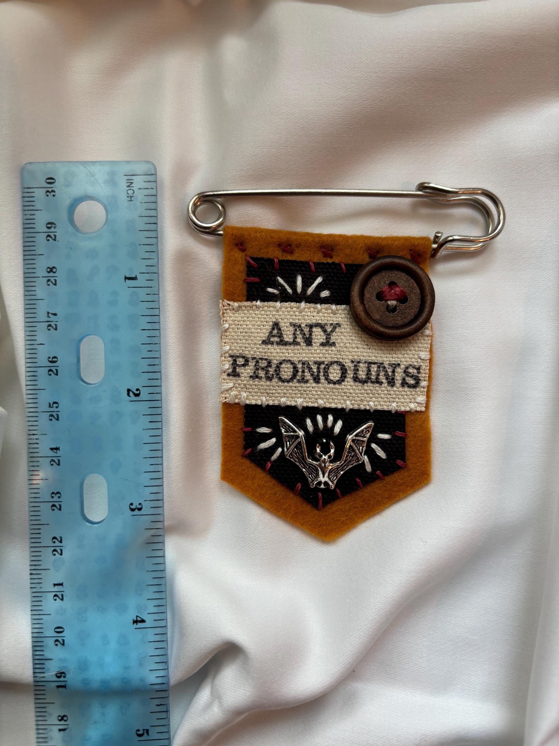 Handmade bat pronoun pin - customizable pronouns