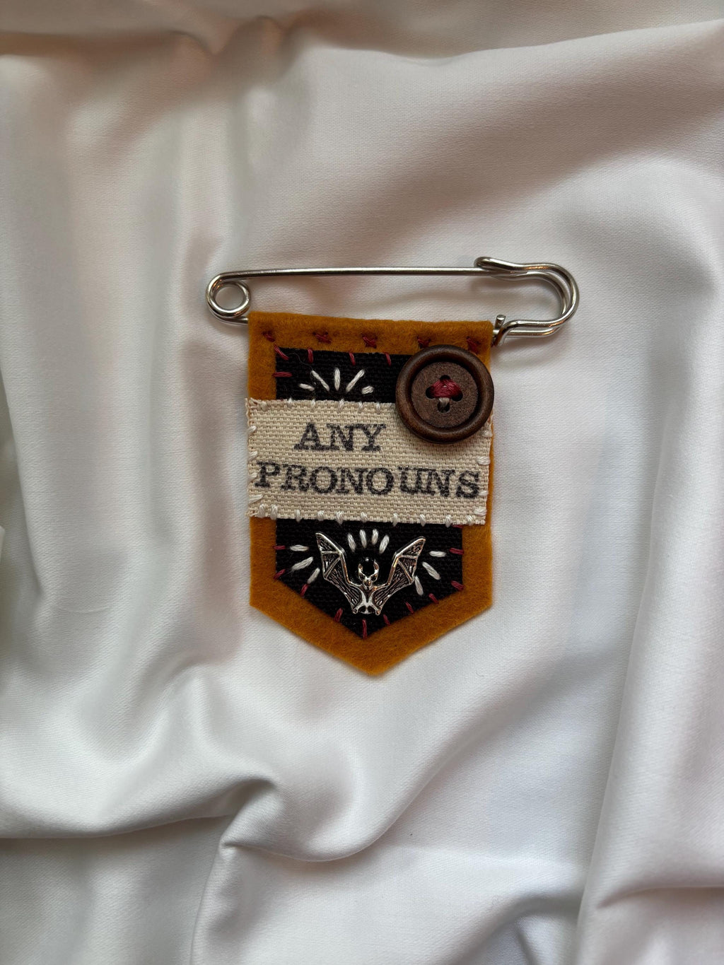 Handmade bat pronoun pin - customizable pronouns